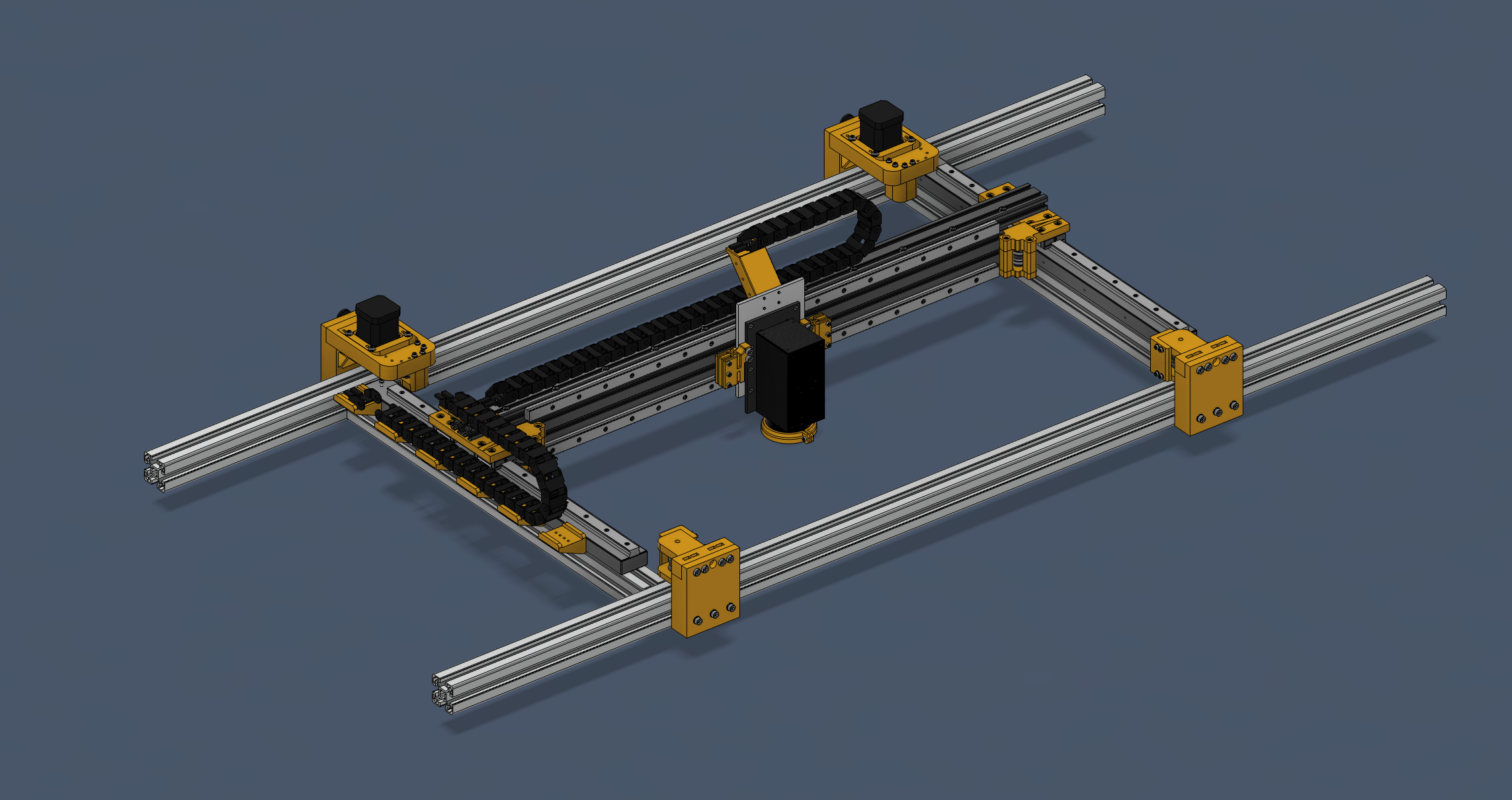 Optysys XY gantry inspection system - 3D render showing the precision mechanical frame with camera mount